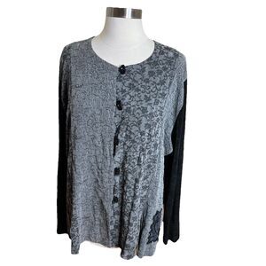 Ahni Top Womens 2 L/XL Gray Black Jacquard Rayon Button Front Art To Wear